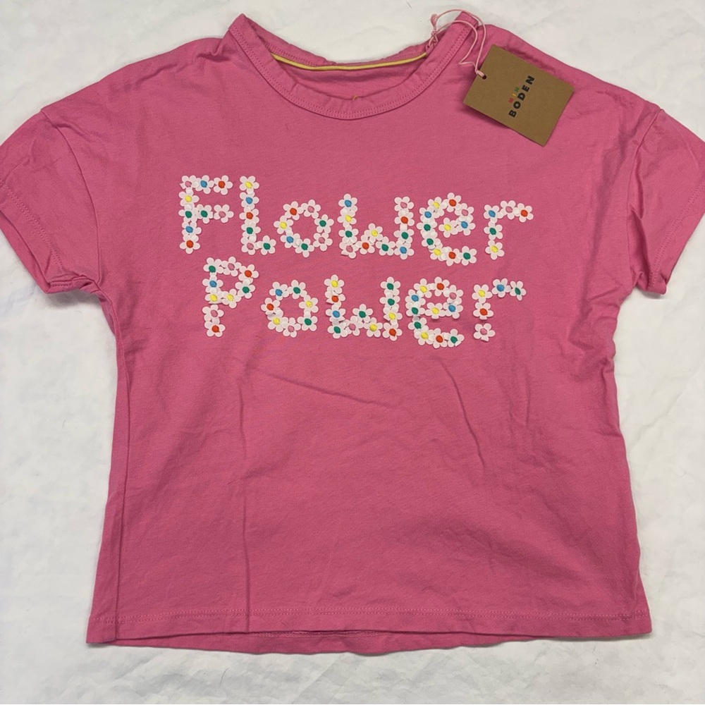 NEW Mini Boden Pink “Flower Power” Kids Tee Short‎ Sleeve Size 7-8